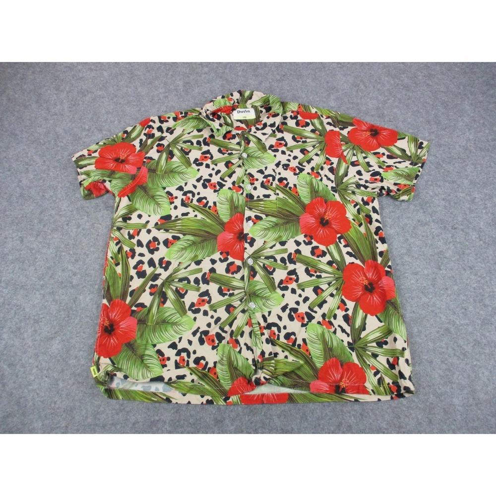 Duvin Shirt Mens Large Green Red Floral Cheetah Hibiscus Print Button Hawaiian